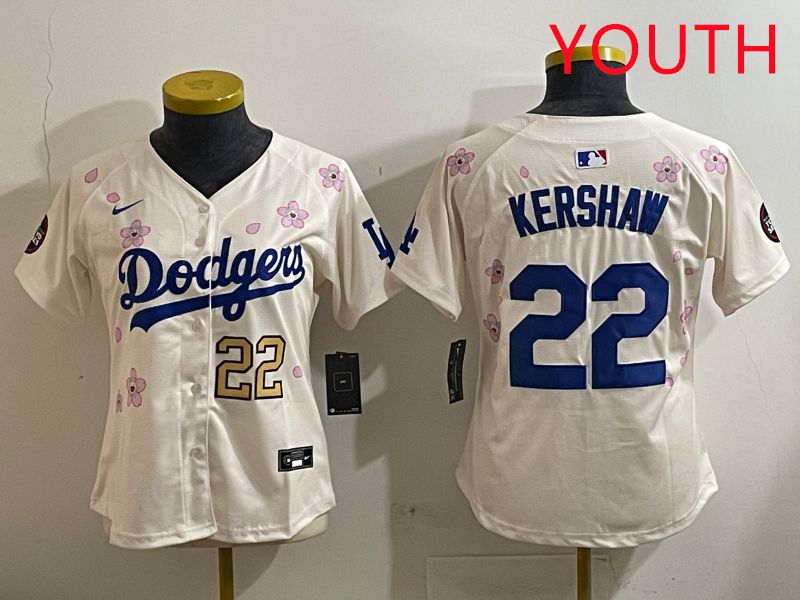 Youth Los Angeles Dodgers #22 Kershaw Cream Sakura Edition 2025 Nike MLB Jersey style 2